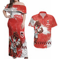 Personalised St. George Illawarra Dragons Rugby Couples Matching Off Shoulder Maxi Dress and Hawaiian Shirt Red Dragon Mascot - Sporty Splash Art Style