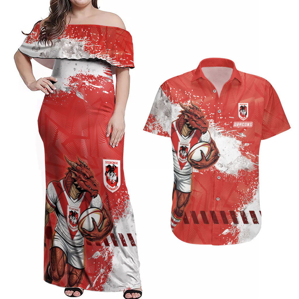 Personalised St. George Illawarra Dragons Rugby Couples Matching Off Shoulder Maxi Dress and Hawaiian Shirt Red Dragon Mascot - Sporty Splash Art Style