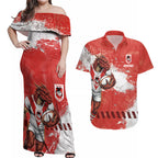 Personalised St. George Illawarra Dragons Rugby Couples Matching Off Shoulder Maxi Dress and Hawaiian Shirt Red Dragon Mascot - Sporty Splash Art Style