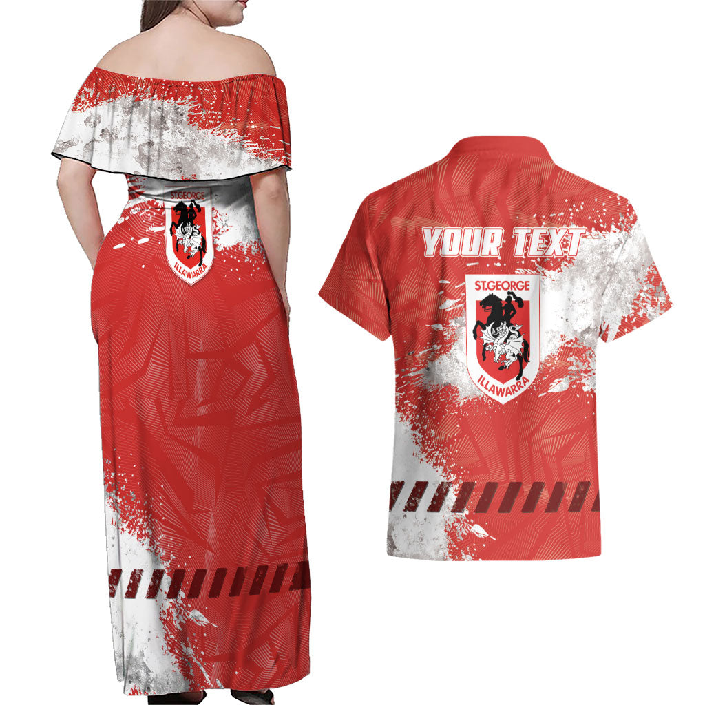 Personalised St. George Illawarra Dragons Rugby Couples Matching Off Shoulder Maxi Dress and Hawaiian Shirt Red Dragon Mascot - Sporty Splash Art Style
