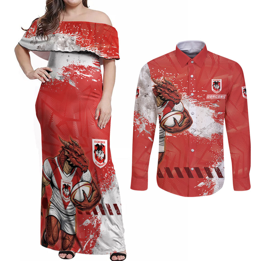 Personalised St. George Illawarra Dragons Rugby Couples Matching Off Shoulder Maxi Dress and Long Sleeve Button Shirt Red Dragon Mascot - Sporty Splash Art Style