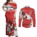 Personalised St. George Illawarra Dragons Rugby Couples Matching Off Shoulder Maxi Dress and Long Sleeve Button Shirt Red Dragon Mascot - Sporty Splash Art Style