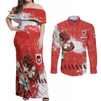 Personalised St. George Illawarra Dragons Rugby Couples Matching Off Shoulder Maxi Dress and Long Sleeve Button Shirt Red Dragon Mascot - Sporty Splash Art Style
