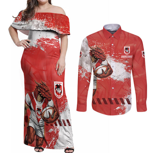 Personalised St. George Illawarra Dragons Rugby Couples Matching Off Shoulder Maxi Dress and Long Sleeve Button Shirt Red Dragon Mascot - Sporty Splash Art Style