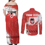 Personalised St. George Illawarra Dragons Rugby Couples Matching Off Shoulder Maxi Dress and Long Sleeve Button Shirt Red Dragon Mascot - Sporty Splash Art Style