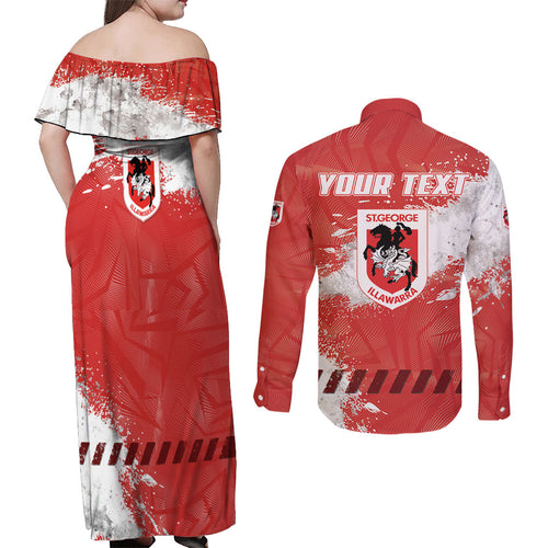Personalised St. George Illawarra Dragons Rugby Couples Matching Off Shoulder Maxi Dress and Long Sleeve Button Shirt Red Dragon Mascot - Sporty Splash Art Style