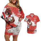 Personalised St. George Illawarra Dragons Rugby Couples Matching Off Shoulder Short Dress and Hawaiian Shirt Red Dragon Mascot - Sporty Splash Art Style