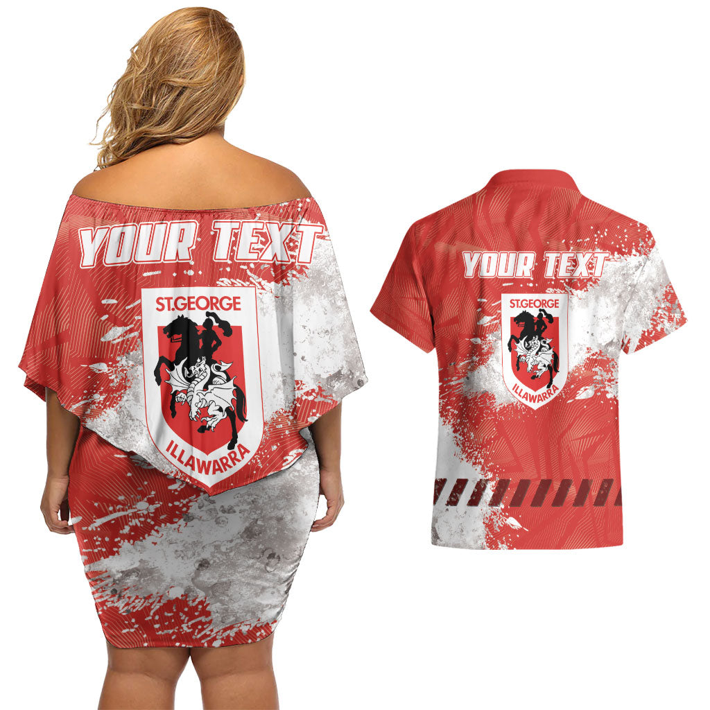 Personalised St. George Illawarra Dragons Rugby Couples Matching Off Shoulder Short Dress and Hawaiian Shirt Red Dragon Mascot - Sporty Splash Art Style