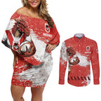 Personalised St. George Illawarra Dragons Rugby Couples Matching Off Shoulder Short Dress and Long Sleeve Button Shirt Red Dragon Mascot - Sporty Splash Art Style