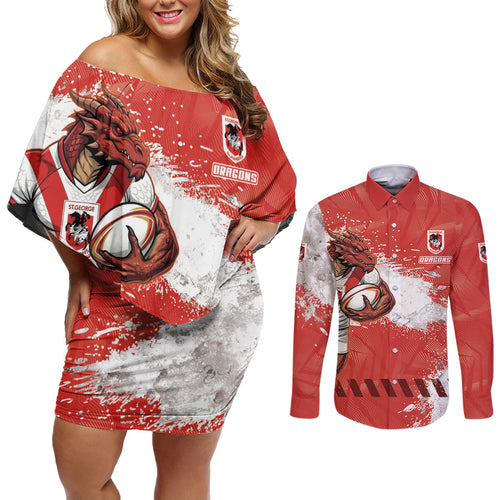 Personalised St. George Illawarra Dragons Rugby Couples Matching Off Shoulder Short Dress and Long Sleeve Button Shirt Red Dragon Mascot - Sporty Splash Art Style
