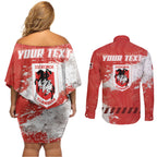 Personalised St. George Illawarra Dragons Rugby Couples Matching Off Shoulder Short Dress and Long Sleeve Button Shirt Red Dragon Mascot - Sporty Splash Art Style