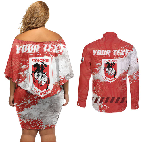 Personalised St. George Illawarra Dragons Rugby Couples Matching Off Shoulder Short Dress and Long Sleeve Button Shirt Red Dragon Mascot - Sporty Splash Art Style