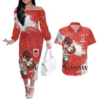 Personalised St. George Illawarra Dragons Rugby Couples Matching Off The Shoulder Long Sleeve Dress and Hawaiian Shirt Red Dragon Mascot - Sporty Splash Art Style
