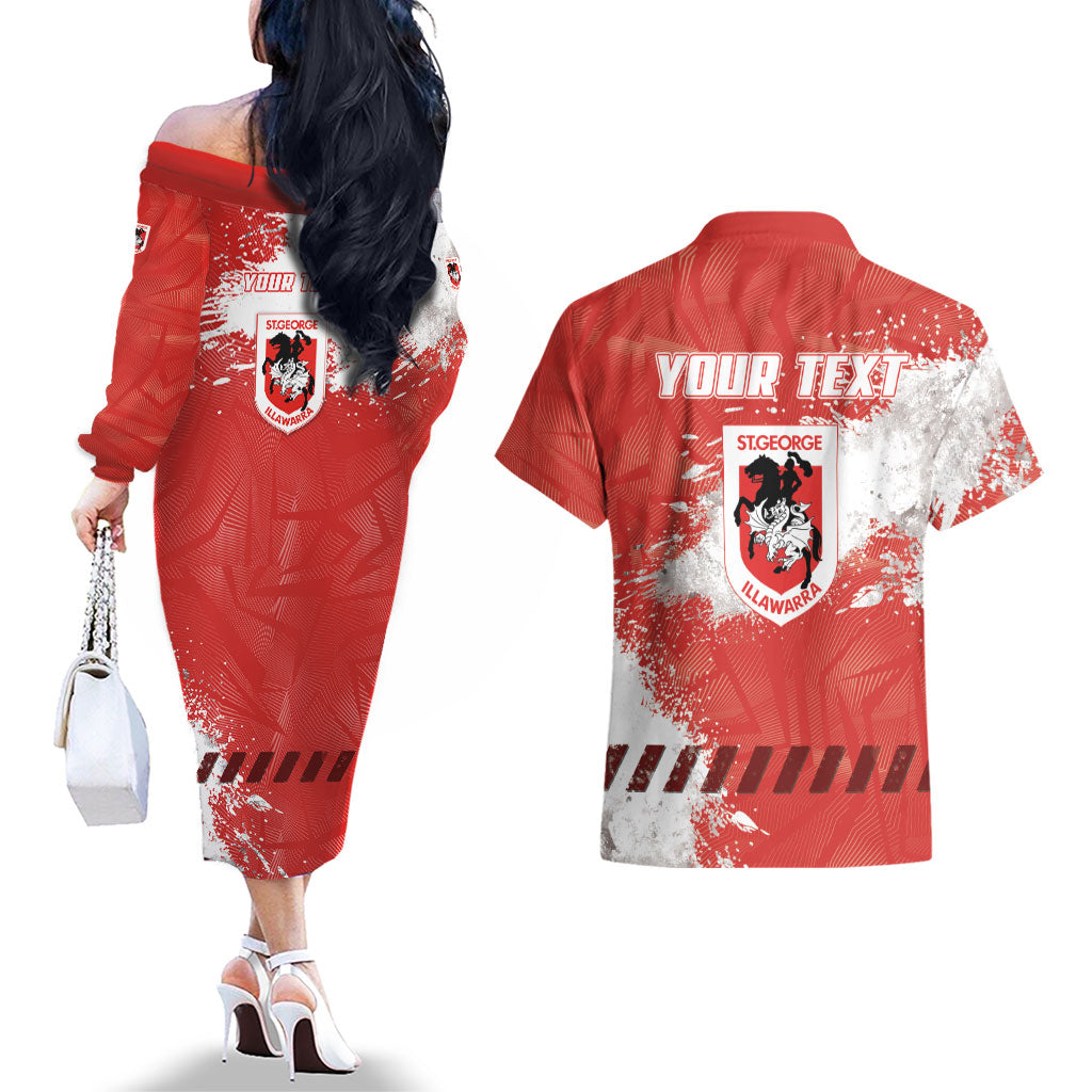 Personalised St. George Illawarra Dragons Rugby Couples Matching Off The Shoulder Long Sleeve Dress and Hawaiian Shirt Red Dragon Mascot - Sporty Splash Art Style