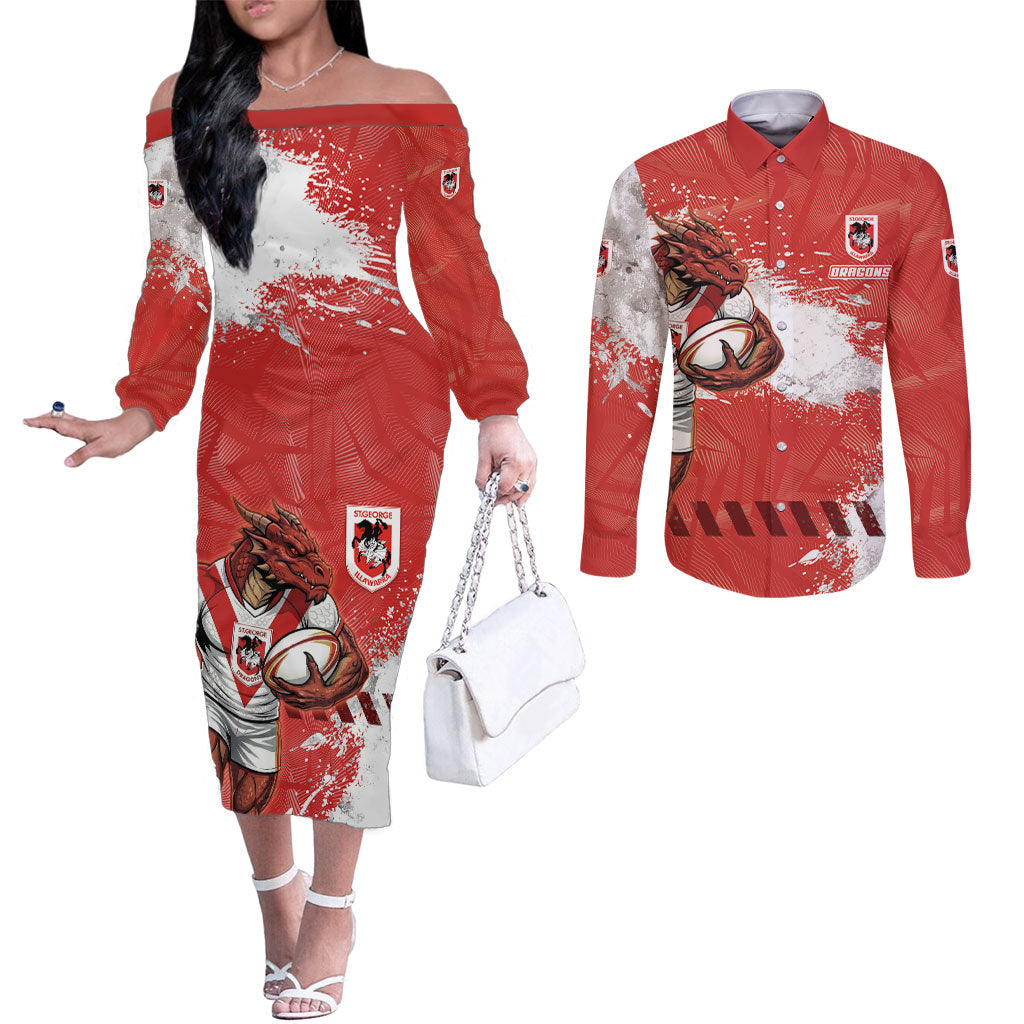 Personalised St. George Illawarra Dragons Rugby Couples Matching Off The Shoulder Long Sleeve Dress and Long Sleeve Button Shirt Red Dragon Mascot - Sporty Splash Art Style