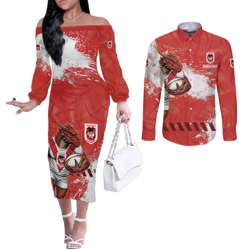 Personalised St. George Illawarra Dragons Rugby Couples Matching Off The Shoulder Long Sleeve Dress and Long Sleeve Button Shirt Red Dragon Mascot - Sporty Splash Art Style