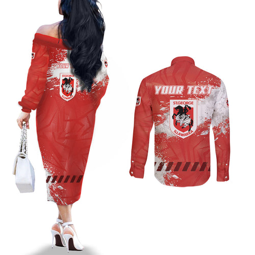 Personalised St. George Illawarra Dragons Rugby Couples Matching Off The Shoulder Long Sleeve Dress and Long Sleeve Button Shirt Red Dragon Mascot - Sporty Splash Art Style