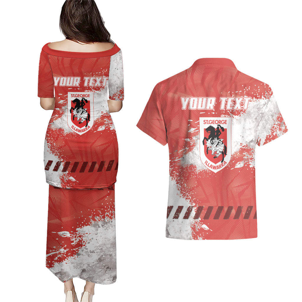 Personalised St. George Illawarra Dragons Rugby Couples Matching Puletasi and Hawaiian Shirt Red Dragon Mascot - Sporty Splash Art Style