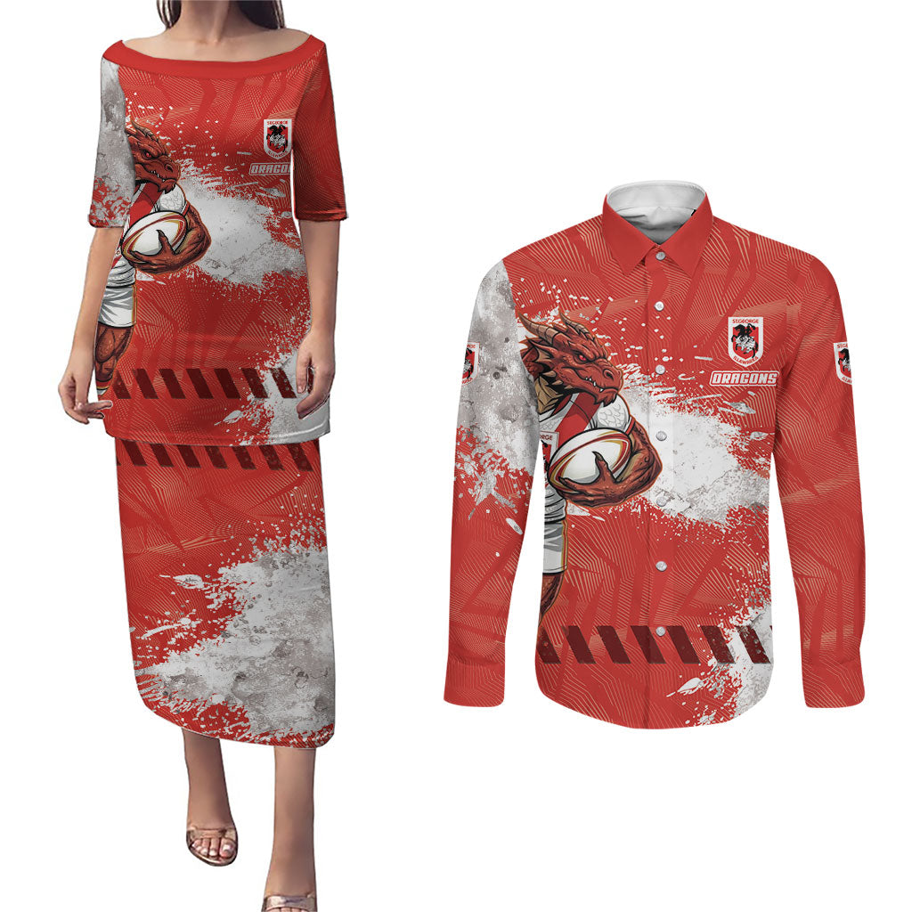 Personalised St. George Illawarra Dragons Rugby Couples Matching Puletasi and Long Sleeve Button Shirt Red Dragon Mascot - Sporty Splash Art Style