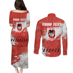Personalised St. George Illawarra Dragons Rugby Couples Matching Puletasi and Long Sleeve Button Shirt Red Dragon Mascot - Sporty Splash Art Style