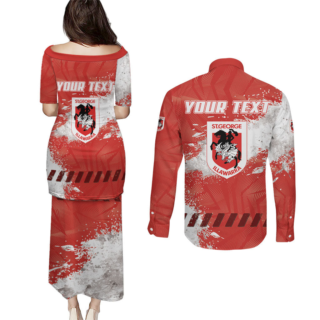 Personalised St. George Illawarra Dragons Rugby Couples Matching Puletasi and Long Sleeve Button Shirt Red Dragon Mascot - Sporty Splash Art Style