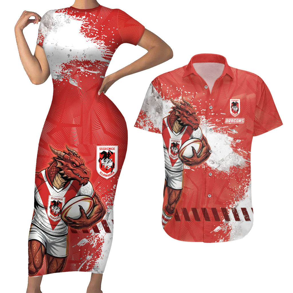 Personalised St. George Illawarra Dragons Rugby Couples Matching Short Sleeve Bodycon Dress and Hawaiian Shirt Red Dragon Mascot - Sporty Splash Art Style
