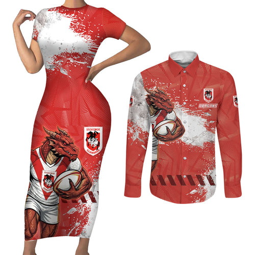 Personalised St. George Illawarra Dragons Rugby Couples Matching Short Sleeve Bodycon Dress and Long Sleeve Button Shirt Red Dragon Mascot - Sporty Splash Art Style