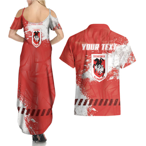 Personalised St. George Illawarra Dragons Rugby Couples Matching Summer Maxi Dress and Hawaiian Shirt Red Dragon Mascot - Sporty Splash Art Style