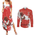 Personalised St. George Illawarra Dragons Rugby Couples Matching Summer Maxi Dress and Long Sleeve Button Shirt Red Dragon Mascot - Sporty Splash Art Style