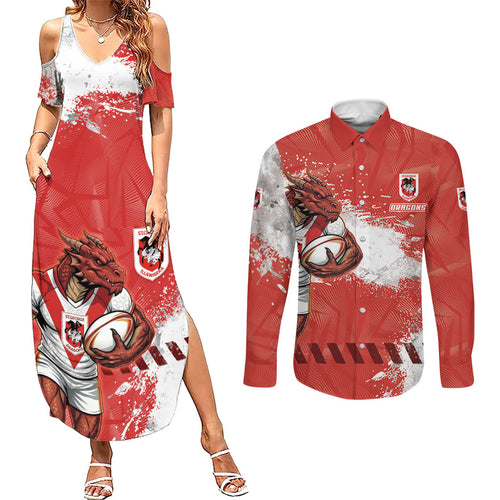 Personalised St. George Illawarra Dragons Rugby Couples Matching Summer Maxi Dress and Long Sleeve Button Shirt Red Dragon Mascot - Sporty Splash Art Style