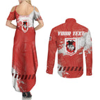Personalised St. George Illawarra Dragons Rugby Couples Matching Summer Maxi Dress and Long Sleeve Button Shirt Red Dragon Mascot - Sporty Splash Art Style