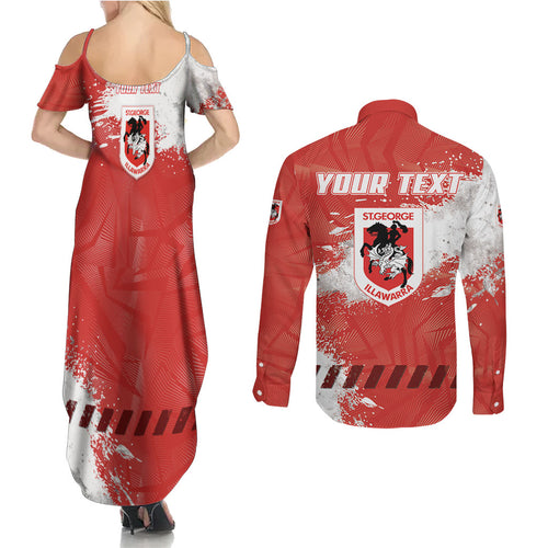 Personalised St. George Illawarra Dragons Rugby Couples Matching Summer Maxi Dress and Long Sleeve Button Shirt Red Dragon Mascot - Sporty Splash Art Style