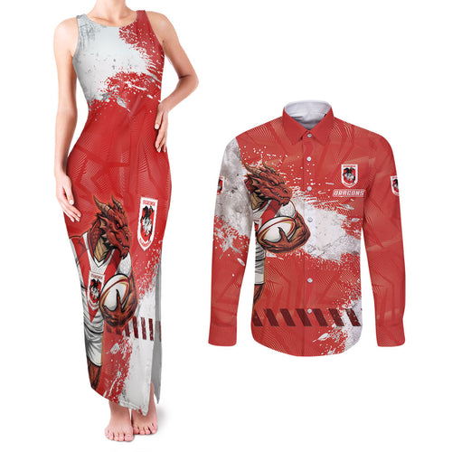Personalised St. George Illawarra Dragons Rugby Couples Matching Tank Maxi Dress and Long Sleeve Button Shirt Red Dragon Mascot - Sporty Splash Art Style