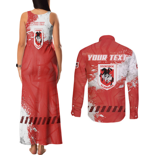 Personalised St. George Illawarra Dragons Rugby Couples Matching Tank Maxi Dress and Long Sleeve Button Shirt Red Dragon Mascot - Sporty Splash Art Style