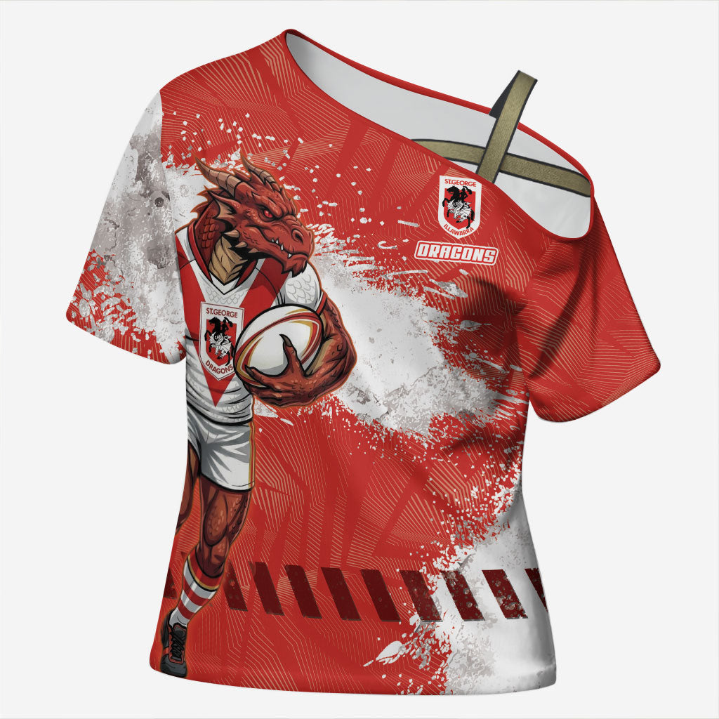 Personalised St. George Illawarra Dragons Rugby Cross Shoulder Shirt Red Dragon Mascot - Sporty Splash Art Style