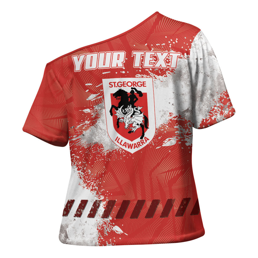 Personalised St. George Illawarra Dragons Rugby Cross Shoulder Shirt Red Dragon Mascot - Sporty Splash Art Style