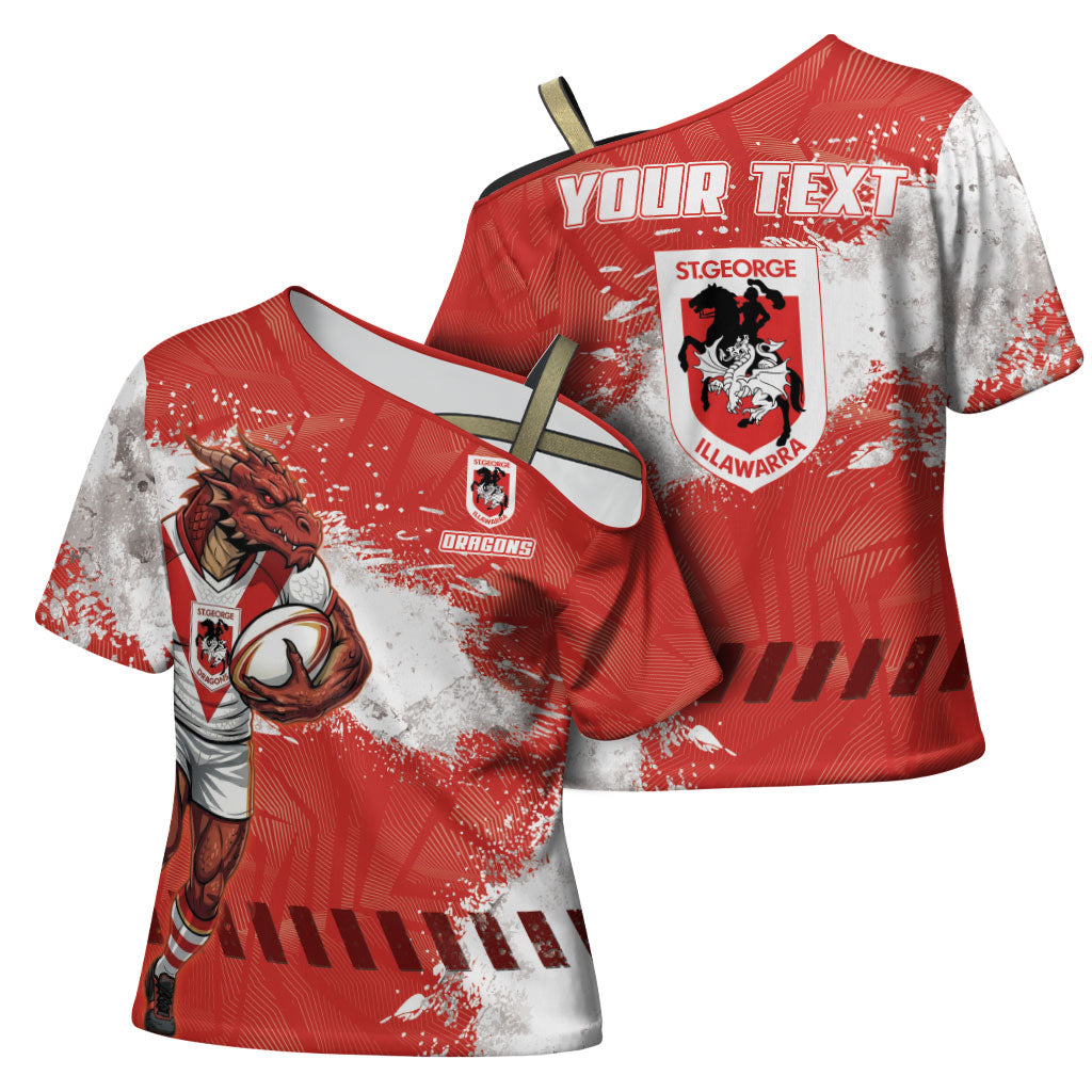 Personalised St. George Illawarra Dragons Rugby Cross Shoulder Shirt Red Dragon Mascot - Sporty Splash Art Style