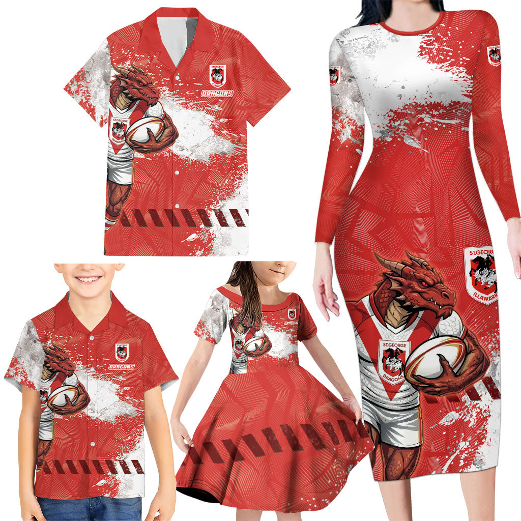Personalised St. George Illawarra Dragons Rugby Family Matching Long Sleeve Bodycon Dress and Hawaiian Shirt Red Dragon Mascot - Sporty Splash Art Style