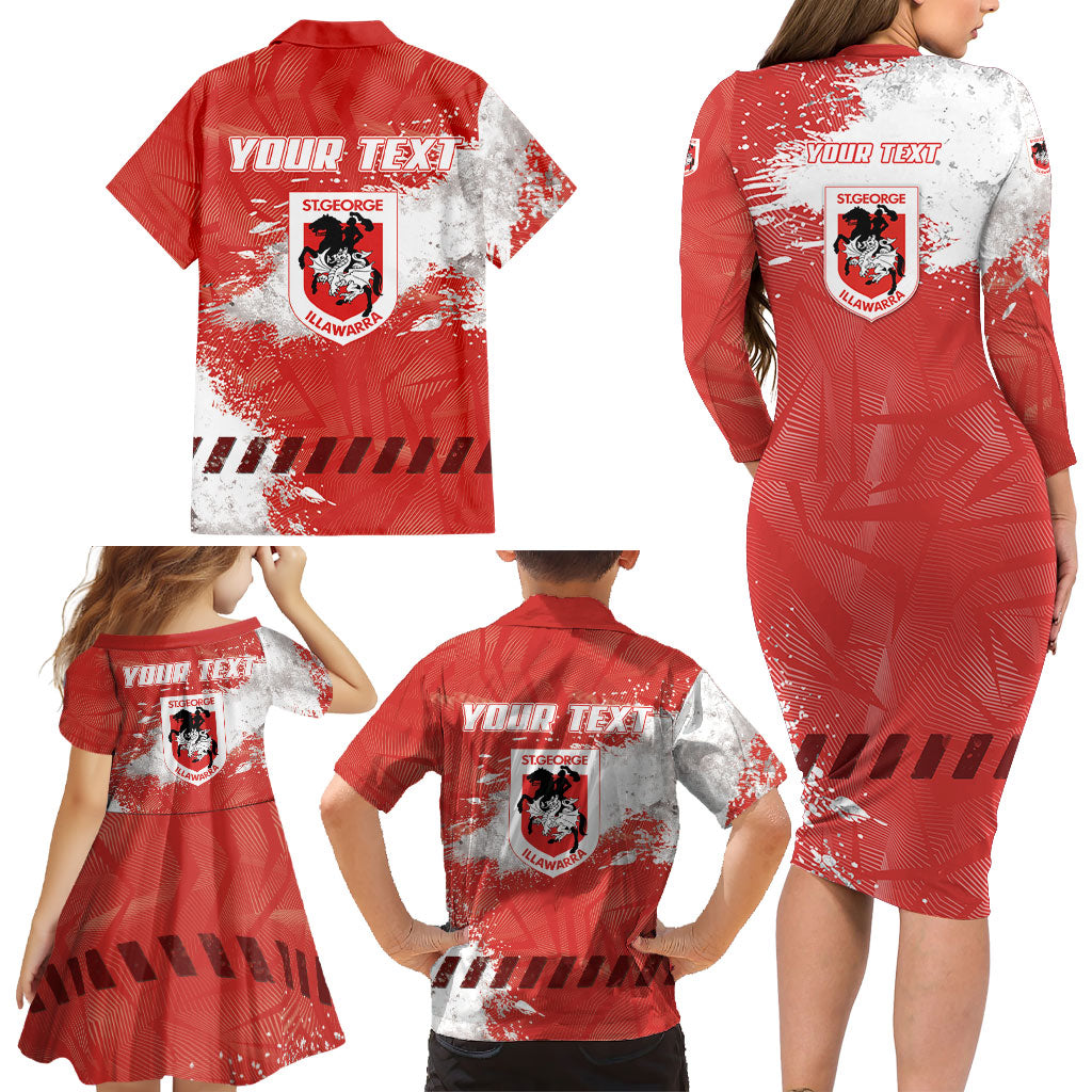 Personalised St. George Illawarra Dragons Rugby Family Matching Long Sleeve Bodycon Dress and Hawaiian Shirt Red Dragon Mascot - Sporty Splash Art Style