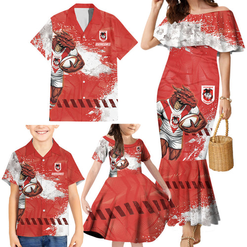 Personalised St. George Illawarra Dragons Rugby Family Matching Mermaid Dress and Hawaiian Shirt Red Dragon Mascot - Sporty Splash Art Style