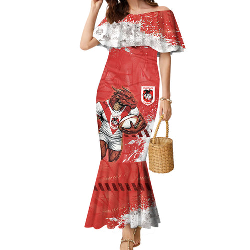 Personalised St. George Illawarra Dragons Rugby Family Matching Mermaid Dress and Hawaiian Shirt Red Dragon Mascot - Sporty Splash Art Style
