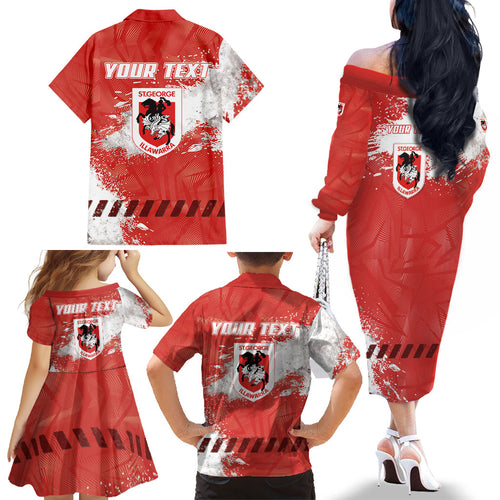 Personalised St. George Illawarra Dragons Rugby Family Matching Off The Shoulder Long Sleeve Dress and Hawaiian Shirt Red Dragon Mascot - Sporty Splash Art Style
