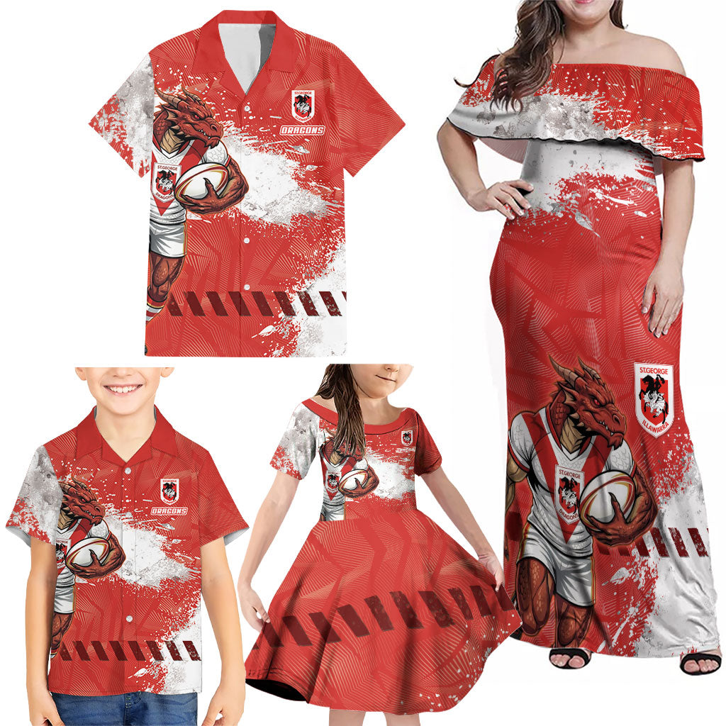 Personalised St. George Illawarra Dragons Rugby Family Matching Off Shoulder Maxi Dress and Hawaiian Shirt Red Dragon Mascot - Sporty Splash Art Style