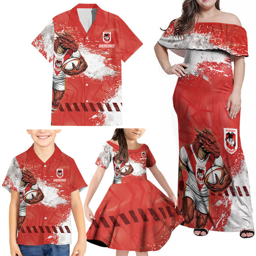 Personalised St. George Illawarra Dragons Rugby Family Matching Off Shoulder Maxi Dress and Hawaiian Shirt Red Dragon Mascot - Sporty Splash Art Style