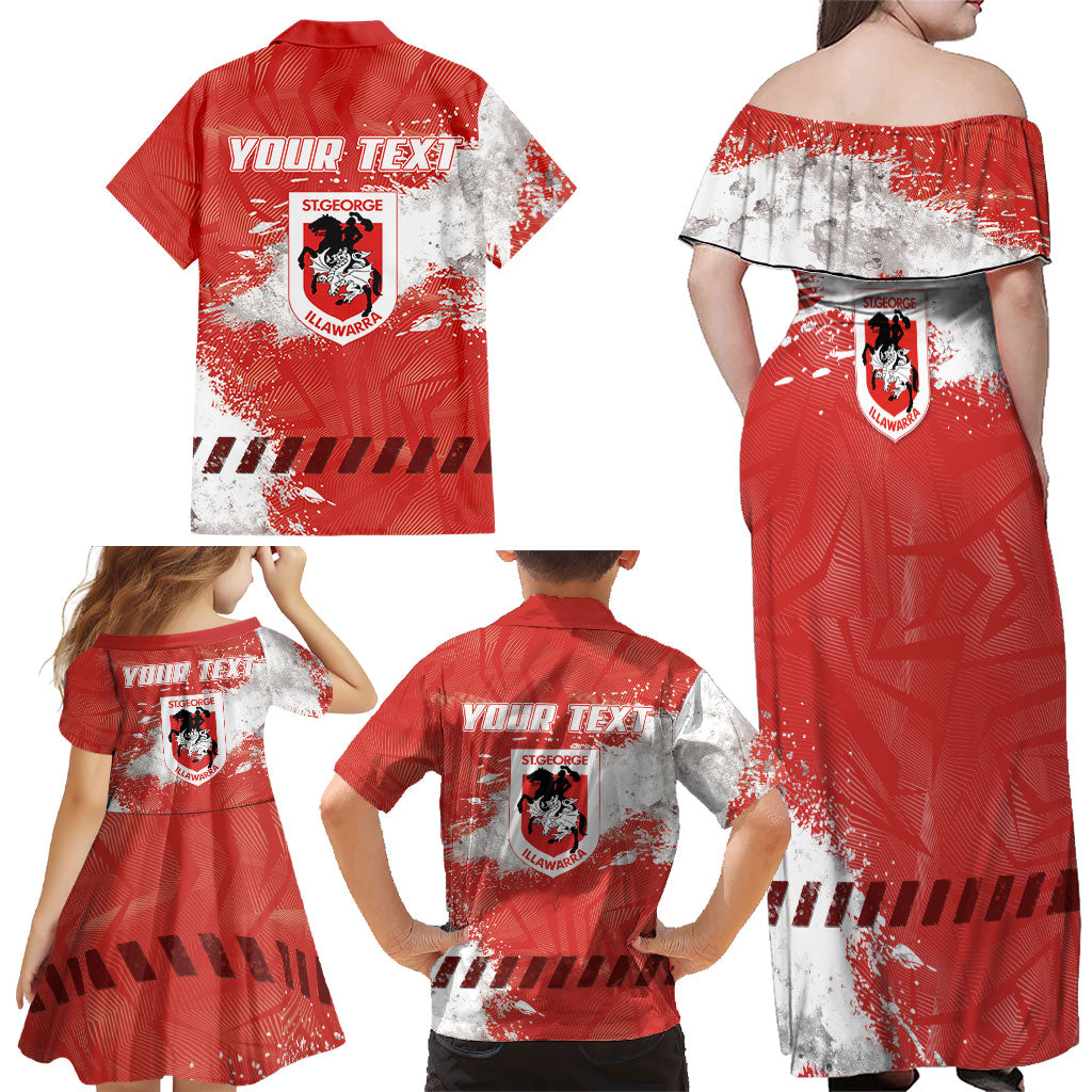 Personalised St. George Illawarra Dragons Rugby Family Matching Off Shoulder Maxi Dress and Hawaiian Shirt Red Dragon Mascot - Sporty Splash Art Style