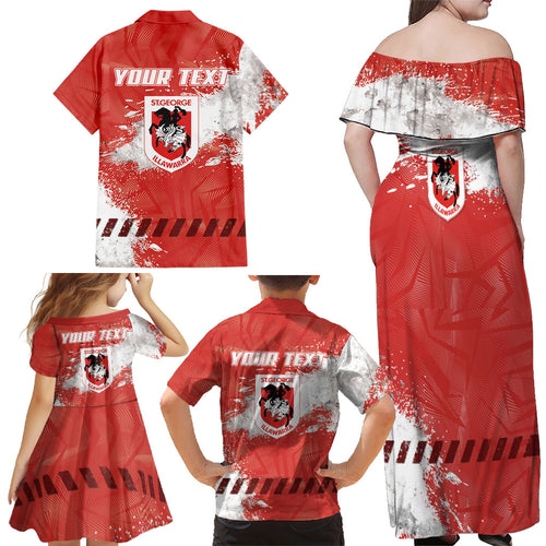 Personalised St. George Illawarra Dragons Rugby Family Matching Off Shoulder Maxi Dress and Hawaiian Shirt Red Dragon Mascot - Sporty Splash Art Style