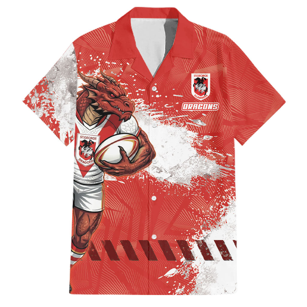 Personalised St. George Illawarra Dragons Rugby Family Matching Off Shoulder Maxi Dress and Hawaiian Shirt Red Dragon Mascot - Sporty Splash Art Style