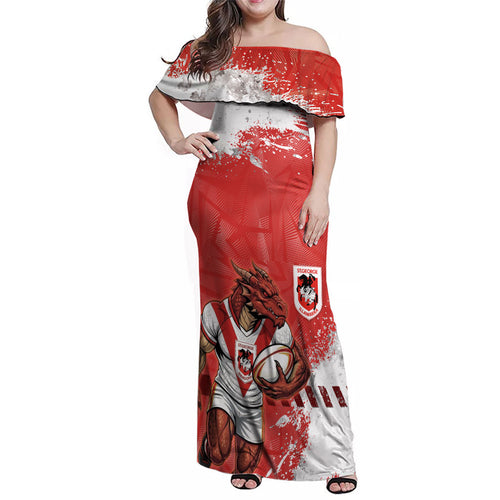 Personalised St. George Illawarra Dragons Rugby Family Matching Off Shoulder Maxi Dress and Hawaiian Shirt Red Dragon Mascot - Sporty Splash Art Style