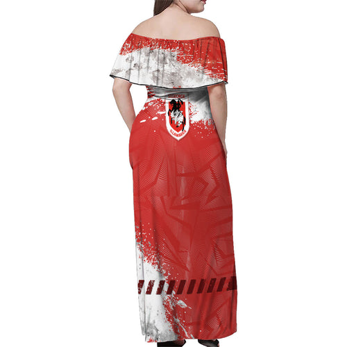 Personalised St. George Illawarra Dragons Rugby Family Matching Off Shoulder Maxi Dress and Hawaiian Shirt Red Dragon Mascot - Sporty Splash Art Style