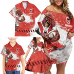 Personalised St. George Illawarra Dragons Rugby Family Matching Off Shoulder Short Dress and Hawaiian Shirt Red Dragon Mascot - Sporty Splash Art Style